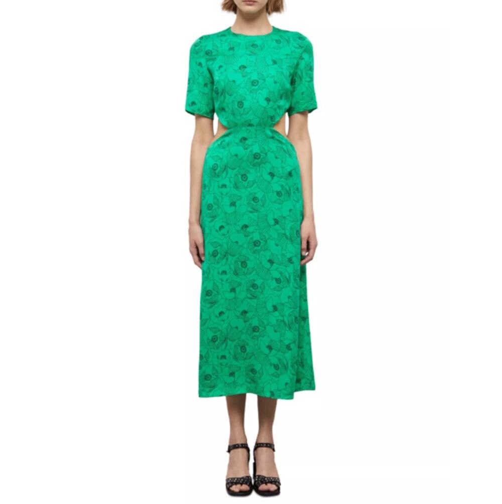The Kooples Green Trend Graphic Poppies Cutout Midi Dress Size 2